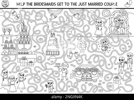 Wedding black and white maze for kids with bride, groom, cake, bridesmaids. Preschool printable activity with marriage ceremony scene. Matrimonial lab Stock Vector