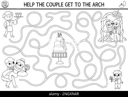 Wedding black and white maze for kids with bride, groom, cake. Marriage ceremony preschool printable activity, coloring page. Matrimonial labyrinth ga Stock Vector