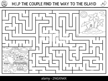 Wedding black and white maze for kids with bride and groom going to honeymoon. Marriage ceremony preschool printable activity with just married couple Stock Vector