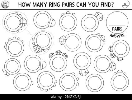 Find two same wedding rings. Marriage ceremony black and white matching activity for children. Educational coloring page worksheet for kids. Printable Stock Vector