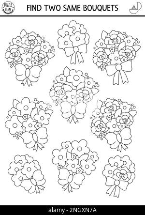 Find two same wedding bouquets. Marriage ceremony black and white matching activity for children. Educational quiz worksheet for kids. Printable game Stock Vector