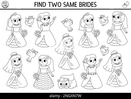 Find two same brides. Marriage ceremony black and white matching activity. Wedding educational coloring page worksheet for kids. Printable game with c Stock Vector