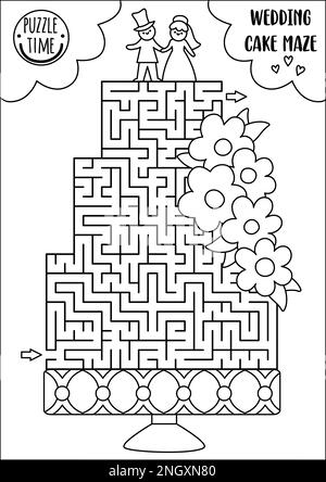 Wedding black and white maze for kids with big cake, bride and groom figurines. Marriage ceremony preschool printable activity. Matrimonial labyrinth Stock Vector