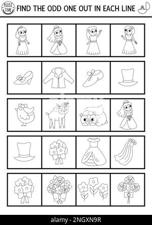 Find the odd one out. Wedding black and white logical activity for children. Marriage educational quiz worksheet for kids. Simple printable game or co Stock Vector