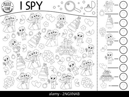 Wedding black and white I spy game for kids. Searching and counting activity or coloring page. Marriage ceremony printable worksheet. Simple spotting Stock Vector