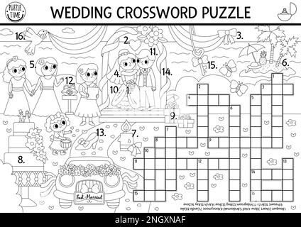 Vector black and white wedding crossword puzzle for kids. Simple line quiz with marriage landscape. Coloring page or activity with bride, groom, cake. Stock Vector