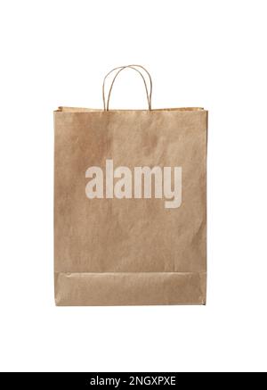 Paper bag. Kraft paper shopping bag. Brown folded paper bag with handle. Empty grocery paper bag. Recycled carton package for supermarket. Isolated on Stock Photo