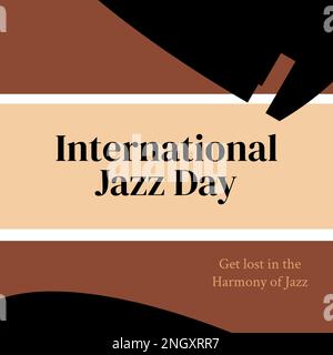 Illustration of international jazz day and get lost in the harmony of jazz text with pianos. Copy space, keyboard instrument, music, togetherness, cel Stock Photo