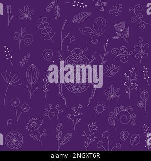 Beetle and plants. White icons on blue background. Vector animals set Stock Vector