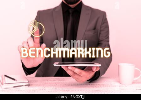 Sign displaying Benchmarking. Word Written on Evaluate something by comparison with a standard Strategy Stock Photo