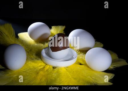 Helsinki / Finland - FEBRUARY 19, 2023: Traditional Finnish cuisine - Nougat chocolate-filled easter eggs laying on top of yellow feathers. Stock Photo