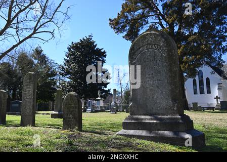 The historic cemetery behind the Holy Trinity Episcopal Church, founded in 1848,  in rural Hertford, North Carolina. Stock Photo