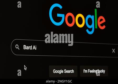 BARD AI words typed into Google search engine. Concept for Google Bard AI chat bot, competitor to ChatGPT. February 19, 2023 Stock Photo