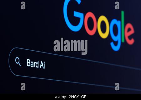 BARD AI words typed into Google search engine. Concept for Google Bard AI chat bot, competitor to ChatGPT. February 19, 2023 Stock Photo