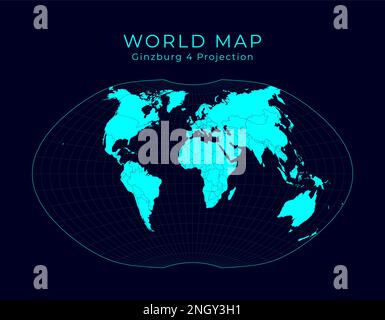 Map of The World. Ginzburg IV projection. Futuristic Infographic world illustration. Bright cyan colors on dark background. Modern vector illustration Stock Vector