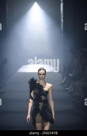 London, UK. 19 February 2023. Models on the catwalk during the Julien Macdonald fashion show, held at Freemason’s Hall during London Fashion Week.  Picture date: Sunday February 19, 2023. Photo credit should read: Matt Crossick/Empics/Alamy Live News Stock Photo