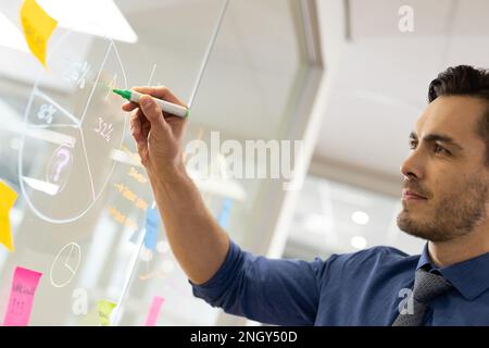 Focused caucasian man working and writing on glass board in office Stock Photo
