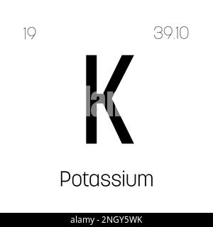 Potassium, K, periodic table element with name, symbol, atomic number and weight. Alkali metal with various industrial uses, such as in fertilizer, soap, and as a medication for certain medical conditions. Stock Vector