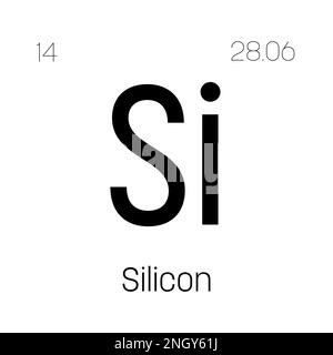 Silicon, Si, periodic table element with name, symbol, atomic number and weight. Non-metal with various industrial uses, such as in electronics, construction, and as a component in certain types of glass. Stock Vector