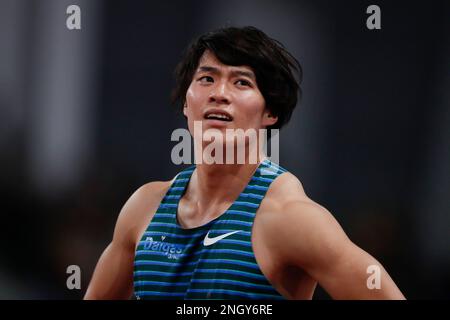 Belgrade, Serbia, 15 February 2023. Ryuichiro Sakai of Japan reacts after the Men's 60m race during the Belgrade Athletics Indoor Meeting 2023 at Banjica Athletic Hall in Belgrade, Serbia. February 15, 2023. Credit: Nikola Krstic/Alamy Stock Photo