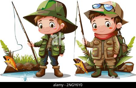Two fishermen with fishing rods and catch Stock Vector