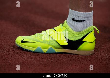 Belgrade, Serbia, 15 February 2023. The view of the shoe of Robert Renner of Slovenia during the Belgrade Athletics Indoor Meeting 2023 at Banjica Athletic Hall in Belgrade, Serbia. February 15, 2023. Credit: Nikola Krstic/Alamy Stock Photo