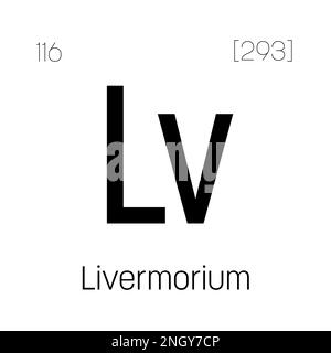 Livermorium, Lv, periodic table element with name, symbol, atomic number and weight. Synthetic element with very short half-life, created through nuclear reactions in a laboratory. Stock Vector