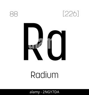 Radium, Ra, periodic table element with name, symbol, atomic number and weight. Alkaline earth metal with radioactive properties, formerly used in medical therapy and as a component of certain types of paint. Stock Vector