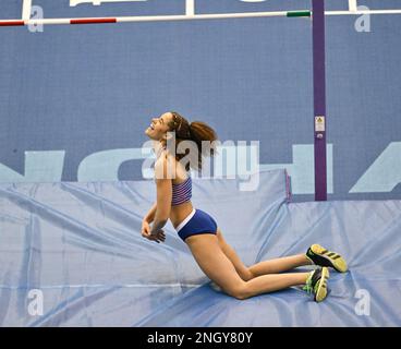 Birmingham,  UK,  19  February 2023. Laura ZIALOR of Marshall Milton Keynes AC   comes Second in the Womens High Jump at the UK Athletics Indoor Championships.  Credit: Francis Knight/Alamy Live News Stock Photo