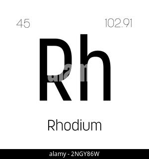 Rhodium, Rh, periodic table element with name, symbol, atomic number and weight. Transition metal with various industrial uses, such as in catalytic converters, jewelry, and as a component of certain types of glass. Stock Vector