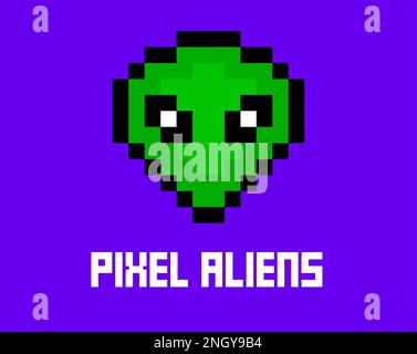 Pixel alien 8 bit art. Cosmic graphic cartoon pixel alien icon ufo alien. Stock Vector
