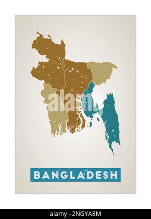 Bangladesh map. Country poster with regions. Old grunge texture. Shape of Bangladesh with country name. Vibrant vector illustration. Stock Vector