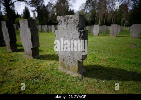 many cross-shaped gravestones of a military cemetery in cologne Stock Photo