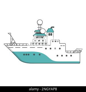 Blue white deep sea research vessel, expedition ship, vector hand drawn outline isolated illustration Stock Vector