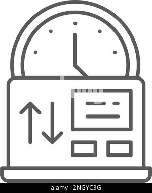 Clock with laptop, worker hours, part time job lineal icon. Time management symbol design. Stock Vector