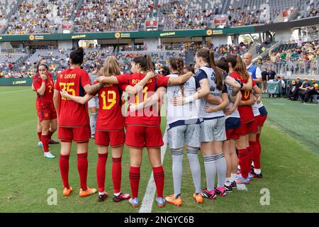 Sydney, Australia. 19th Feb, 2023. Spanish team huddle before the 2023 Cup of Nations match between Australian Matildas and Spain at CommBank Stadium on February 19, 2023 in Sydney, Australia Credit: IOIO IMAGES/Alamy Live News Stock Photo