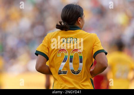 Sydney, Australia. 19th Feb, 2023. Sam Kerr of Australia is seen wearing a  special edition jersey during the 2023 Cup of Nations match between  Australian Matildas and Spain at CommBank Stadium on