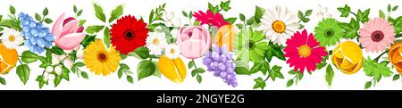 Horizontal seamless border with colorful spring flowers (gerbera, tulip, daisy, hyacinth, and lily of the valley flowers) and green leaves. Floral gar Stock Vector