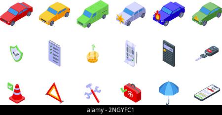 Car insurance icons set isometric vector. Auto accident. Secure vehicle Stock Vector