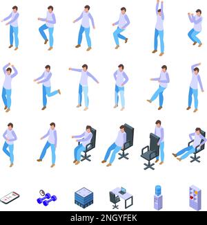 Office workout icons set isometric vector. Ergonomic fit. Stretching people Stock Vector