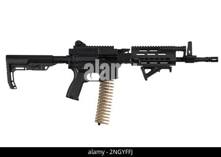 Carbine with belt-fed upper receiver that convert AR-15 or M16 from a standard, magazine rifle to light machine gun. Isolated on a white background Stock Photo