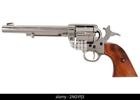 Old west cocked revolver - colt single action army isolated on white background. Stock Photo