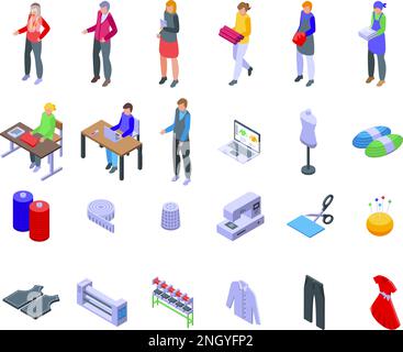 Fashion workshop icons set isometric vector. Factory sewing. Craft production Stock Vector