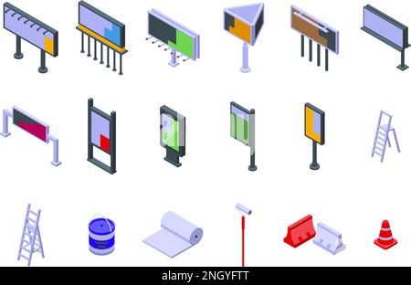 Billboard advertising installation icons set isometric vector. Outdoor large. Town paper Stock Vector