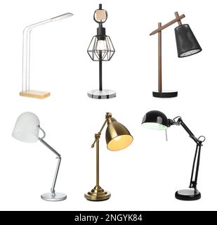 Set with different stylish table lamps on white background Stock Photo