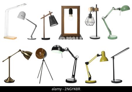 Set with different stylish table lamps on white background Stock Photo