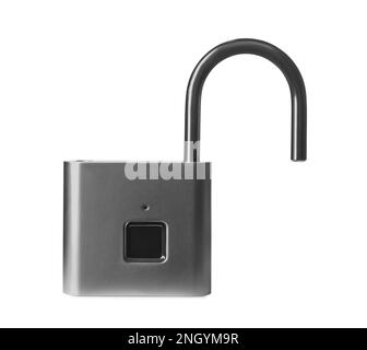 Steel fingerprint padlock isolated on white. Safety concept Stock Photo