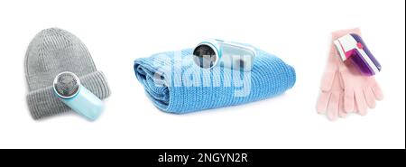 Fabric shavers and woolen clothes on white background, collage. Banner design Stock Photo