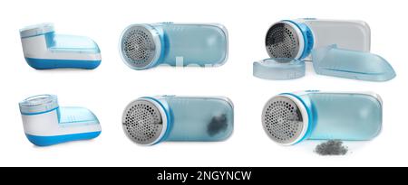 Set with fabric shavers on white background. Banner design Stock Photo
