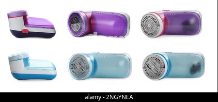 Set with fabric shavers on white background. Banner design Stock Photo